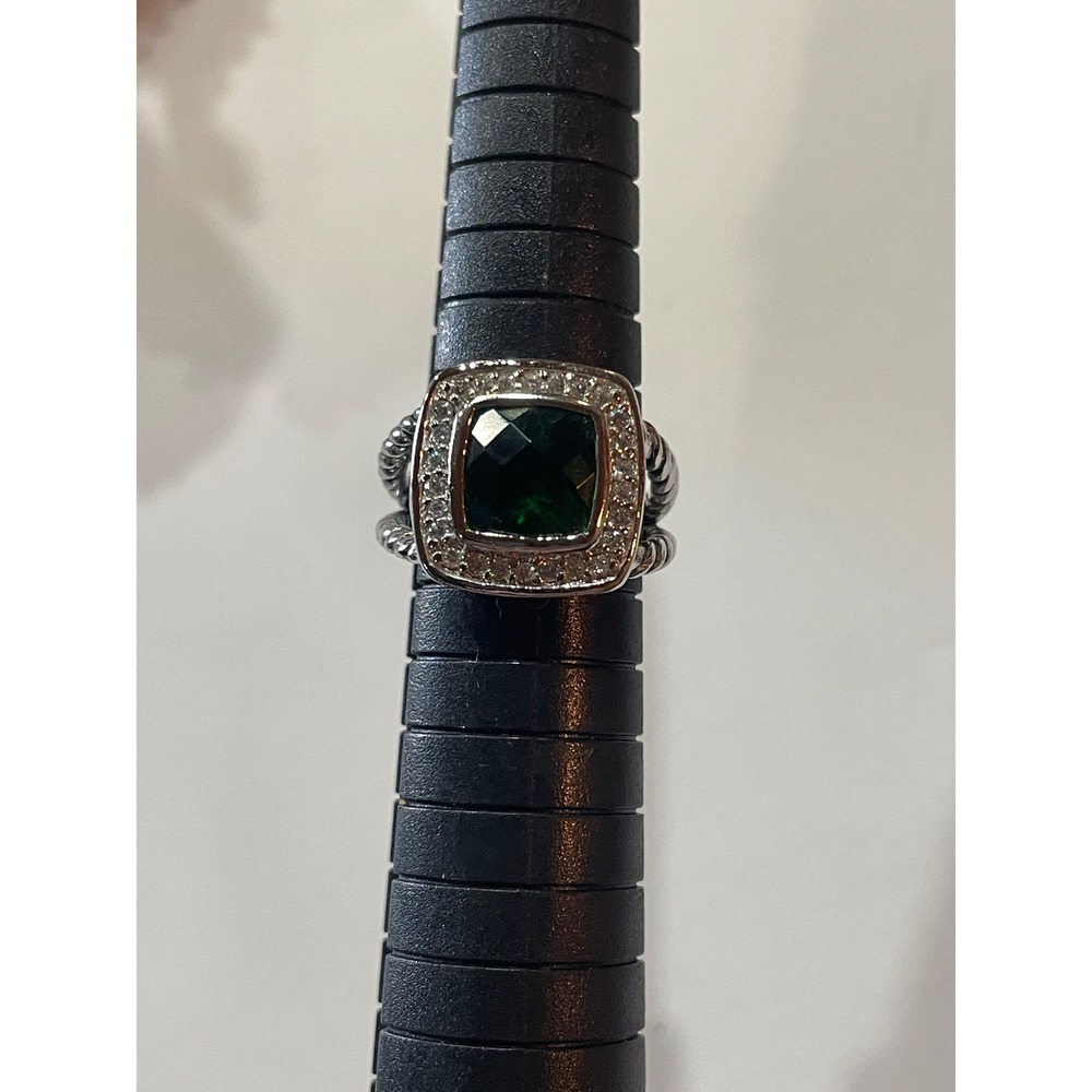 Green Cushion Cut Halo Statement Ring Twisted Cable Band Silver Tone Size 6.25